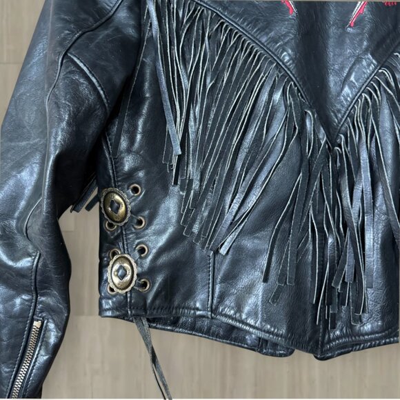 Vintage Park V Black Leather Fringe Jacket Embroidered Roses & Daggers 10 - Picture 5 of 9